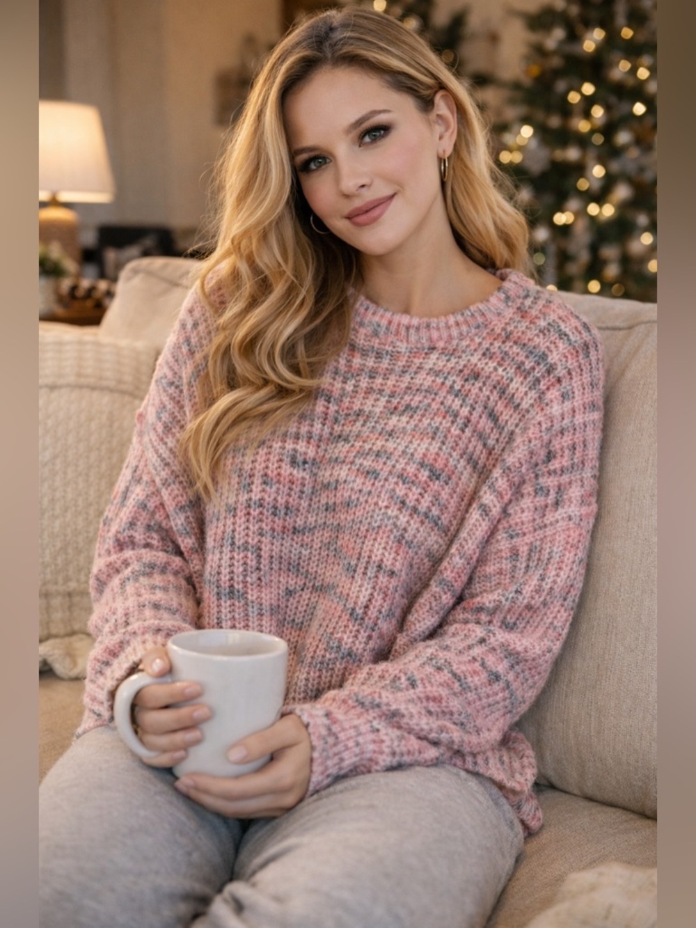 NOBO No Boundaries Women’s XXL Pink & Grey chunky knit cropped sweater